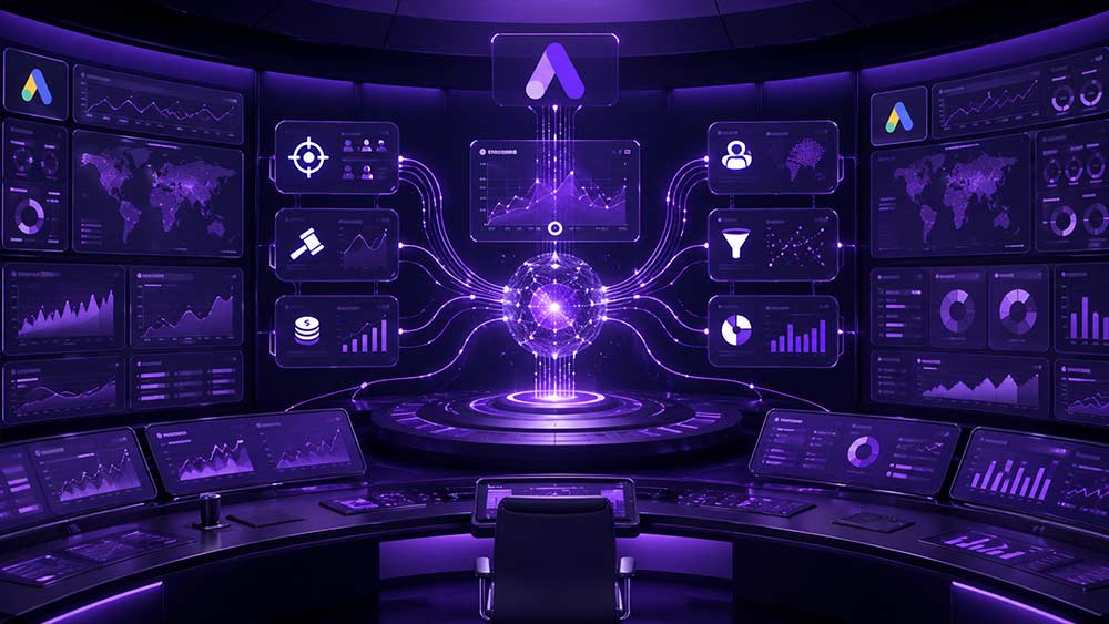 AI-driven Google Ads control center managing campaigns with real-time data and decision systems