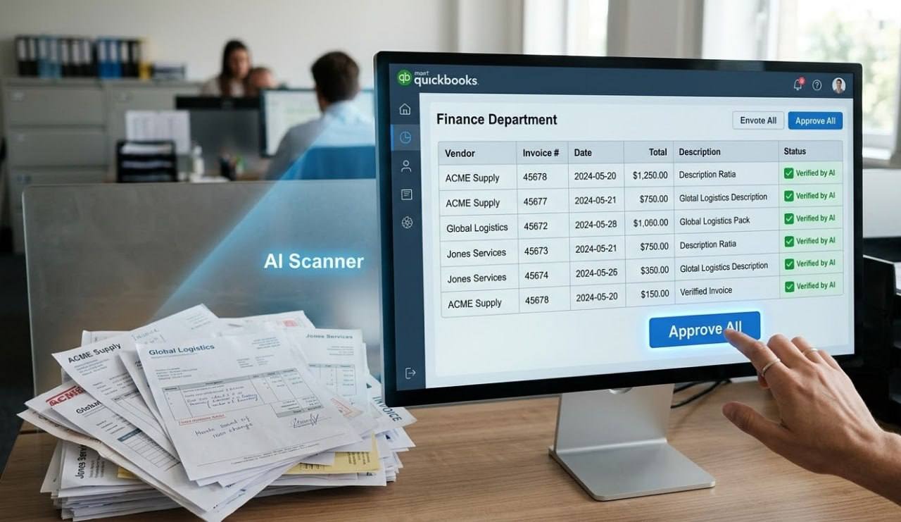 A computer screen in a finance office displays invoices organized and verified by AI while a stack of paper