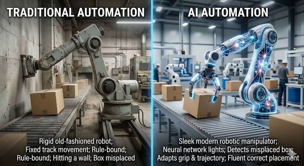 A side-by-side comparison showing traditional factory automation with a rigid robotic arm on one side and AI automation