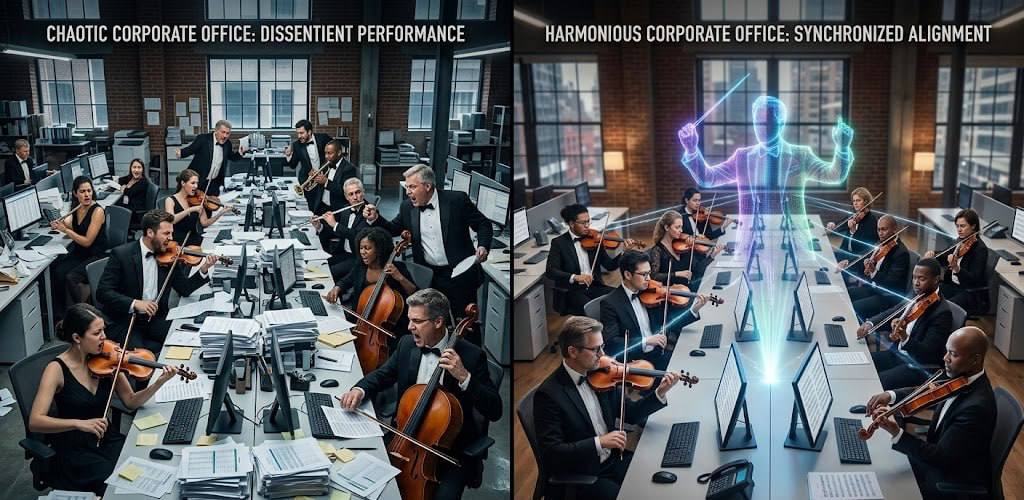  Split image of a corporate office: left side shows a chaotic workspace with employees working in disorder, right side shows a harmonious office