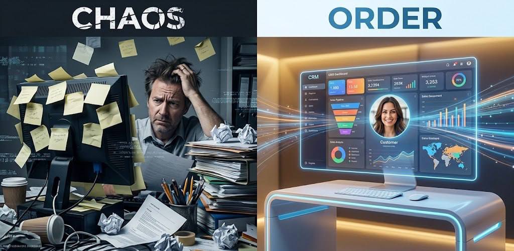 Messy office vs organized digital workspace