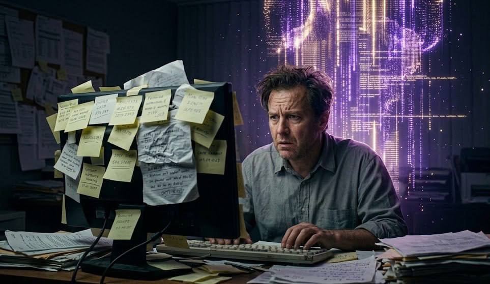 Overwhelmed worker facing outdated business systems