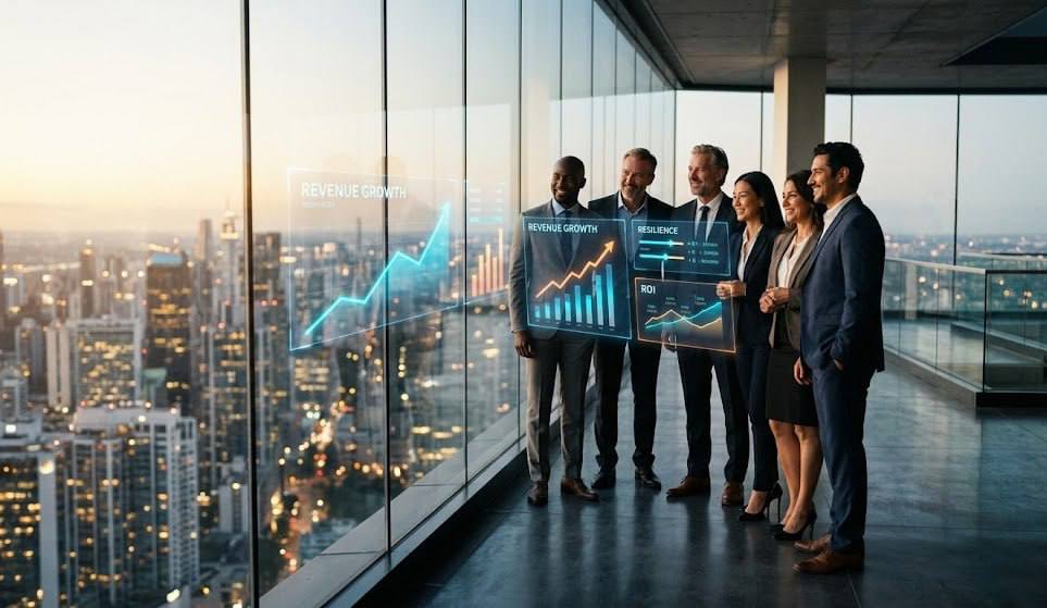 Executive team reviewing revenue and ROI growth