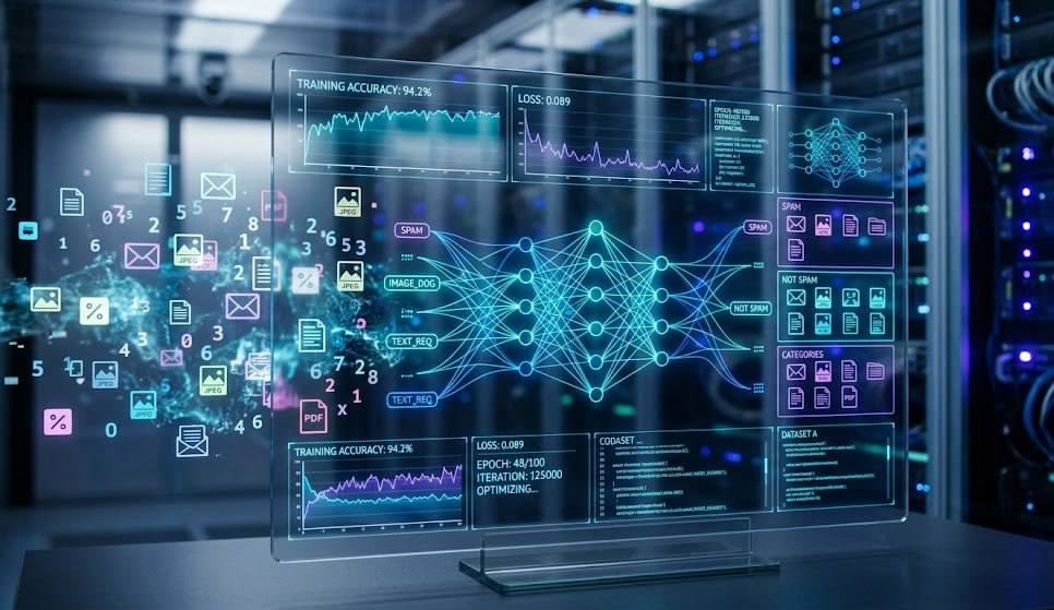 AI model training dashboard with data inputs