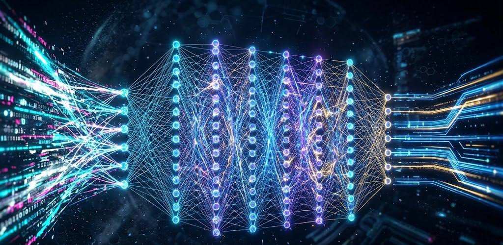 Glowing neural network processing digital data