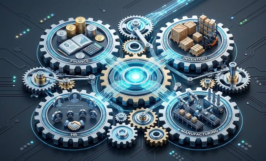 Finance, HR, inventory, and manufacturing connected in ERP