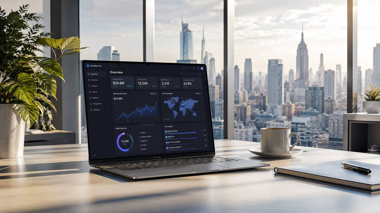 Laptop showing analytics dashboard in modern office