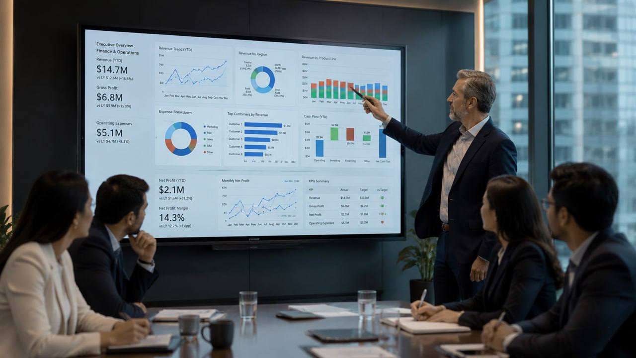 Executive presenting financial KPI dashboard