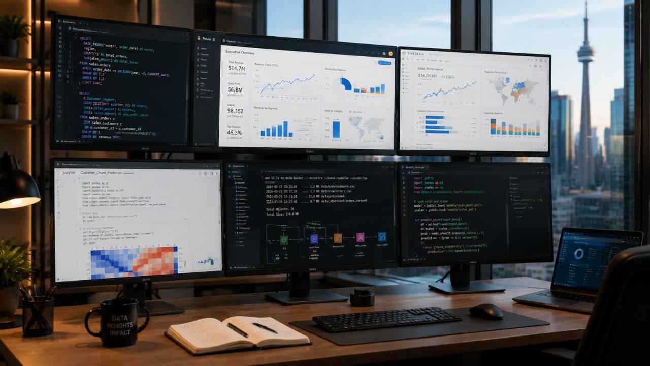 Multi-monitor workspace with analytics tools