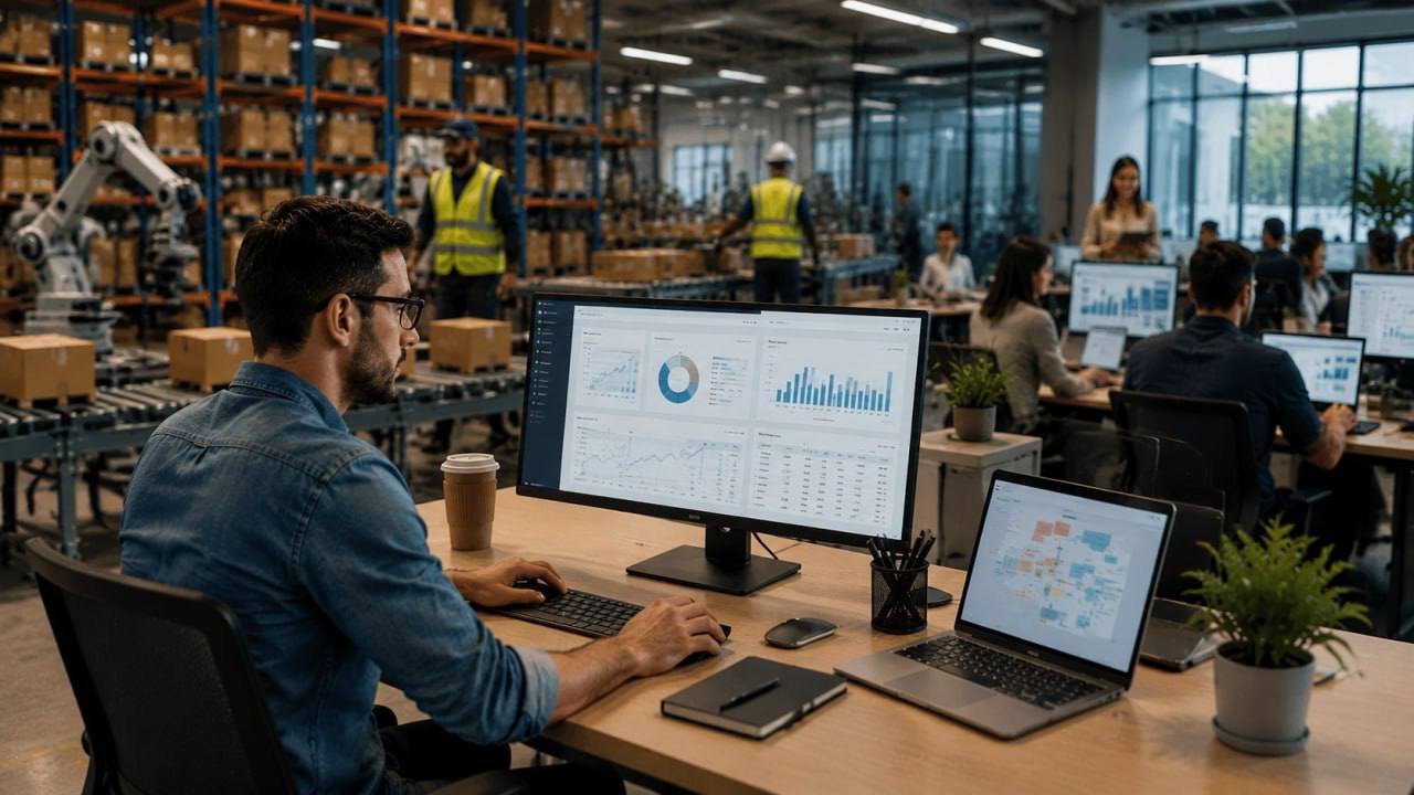 Employee managing warehouse data with ERP dashboard