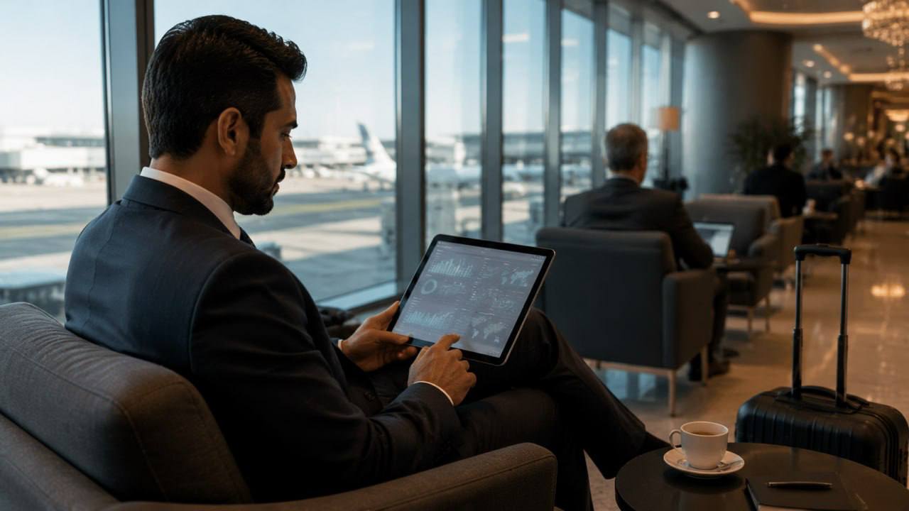 Executive reviewing business analytics in airport lounge