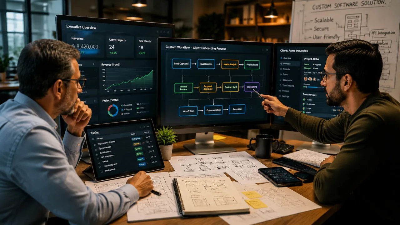 Developers planning software workflows with project management dashboards