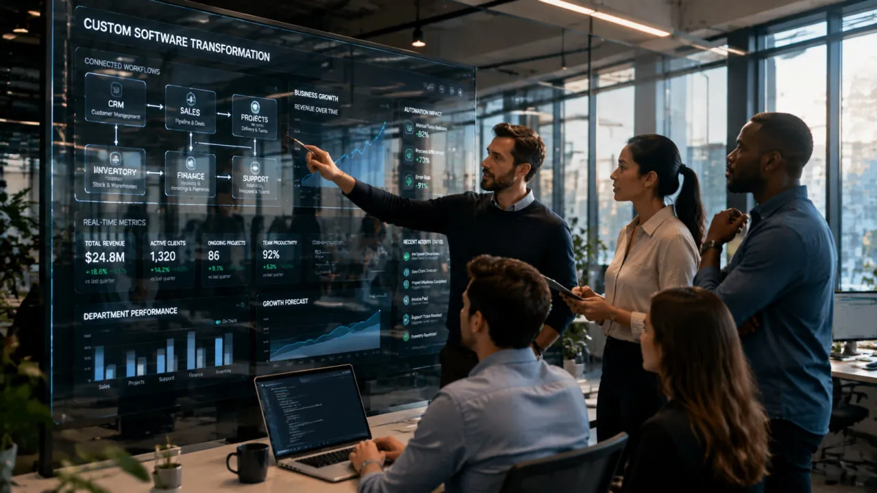 Team analyzing custom software solutions and business performance dashboards