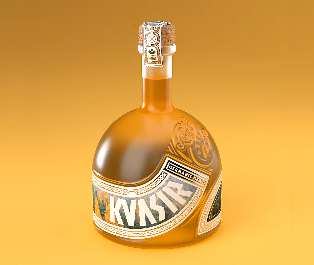Viinin ruskea pullo, jossa korkki ja etiketti, jossa lukee 'KVASIR' ja 'Germanic Mead'.