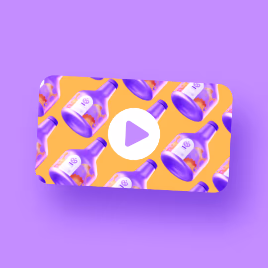 Video-kuvake, jossa toistopainike keskellä ja taustalla useita violettisia pulloja oranssilla pohjalla.