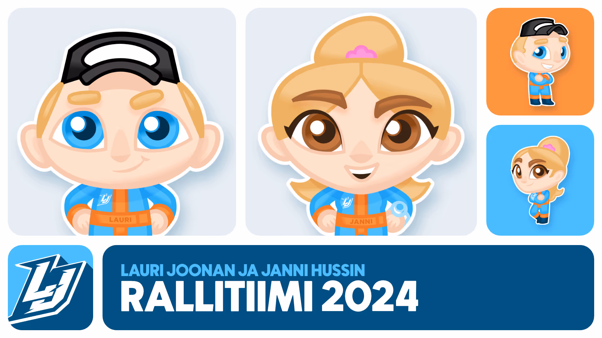 Piirroshahmot Lauri Joonan ja Janni Hussin rallitiimistä, pukeutuneena sinioraangeihin ajovarusteisiin vuonna 2024.