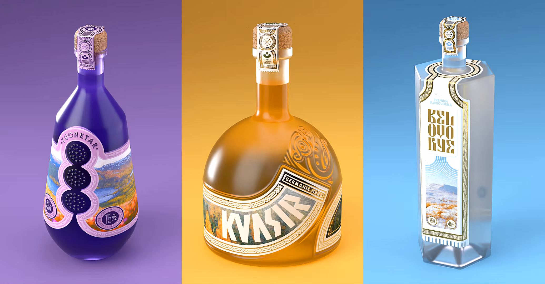 Kolme erilaista alkoholipulloa, vasemmalla violetti pullo, keskellä pyöreä ruskea pullo, oikealla suorakulmainen kirkas pullo sinisellä taustalla.