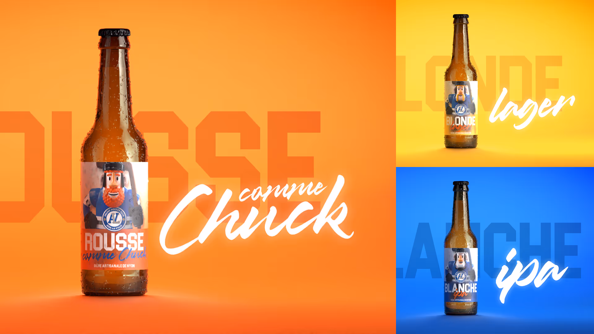 Kolme olutpulloa, vasemmalla rusehtava 'Rousse comme Chuck' oranssilla taustalla, oikealla ylhäällä keltainen 'Blonde lager' ja alhaalla sininen 'Blanche ipa'.