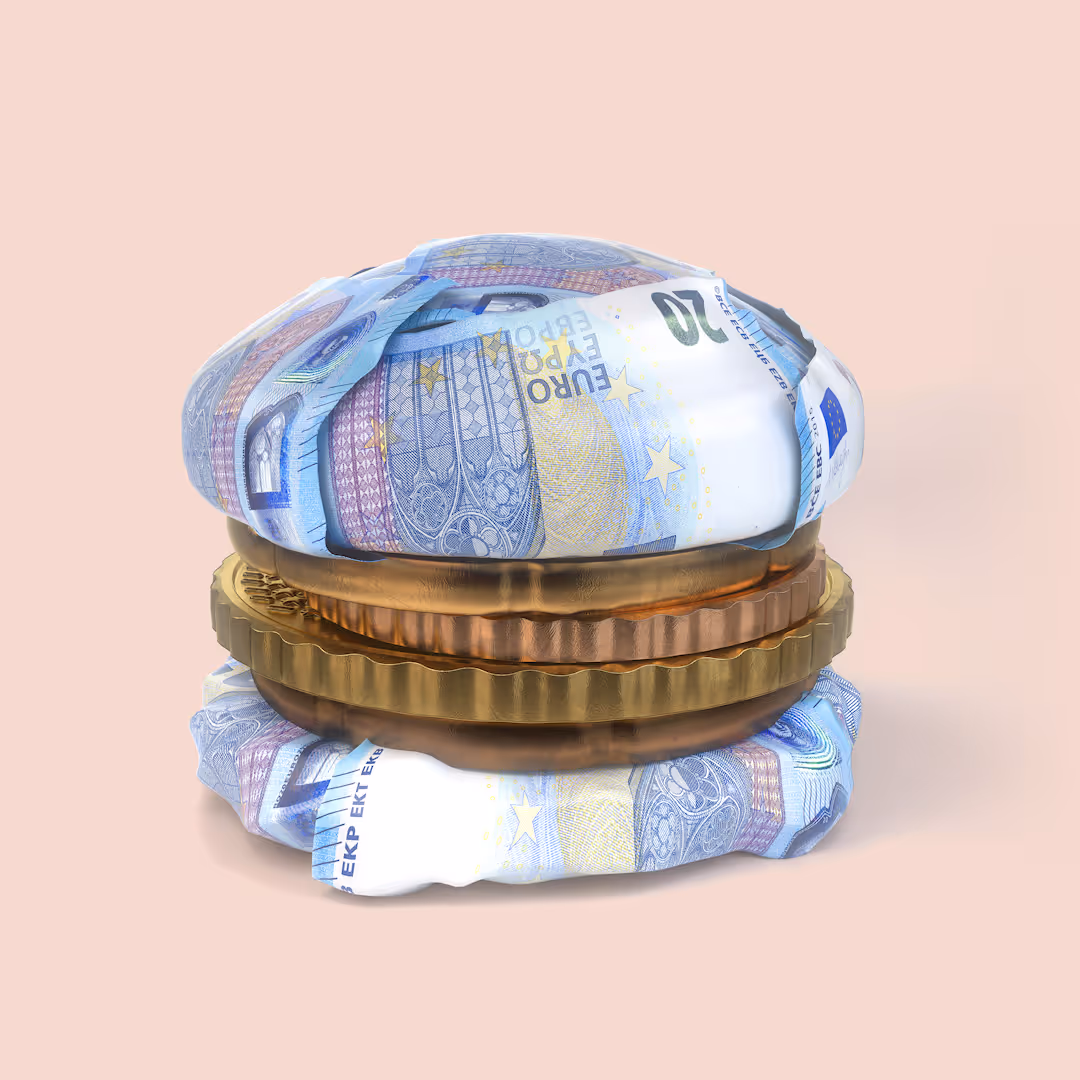 Hampurilainen, jonka sämpylät ovat 20 euron seteleitä ja pihvi eurokolikoita.