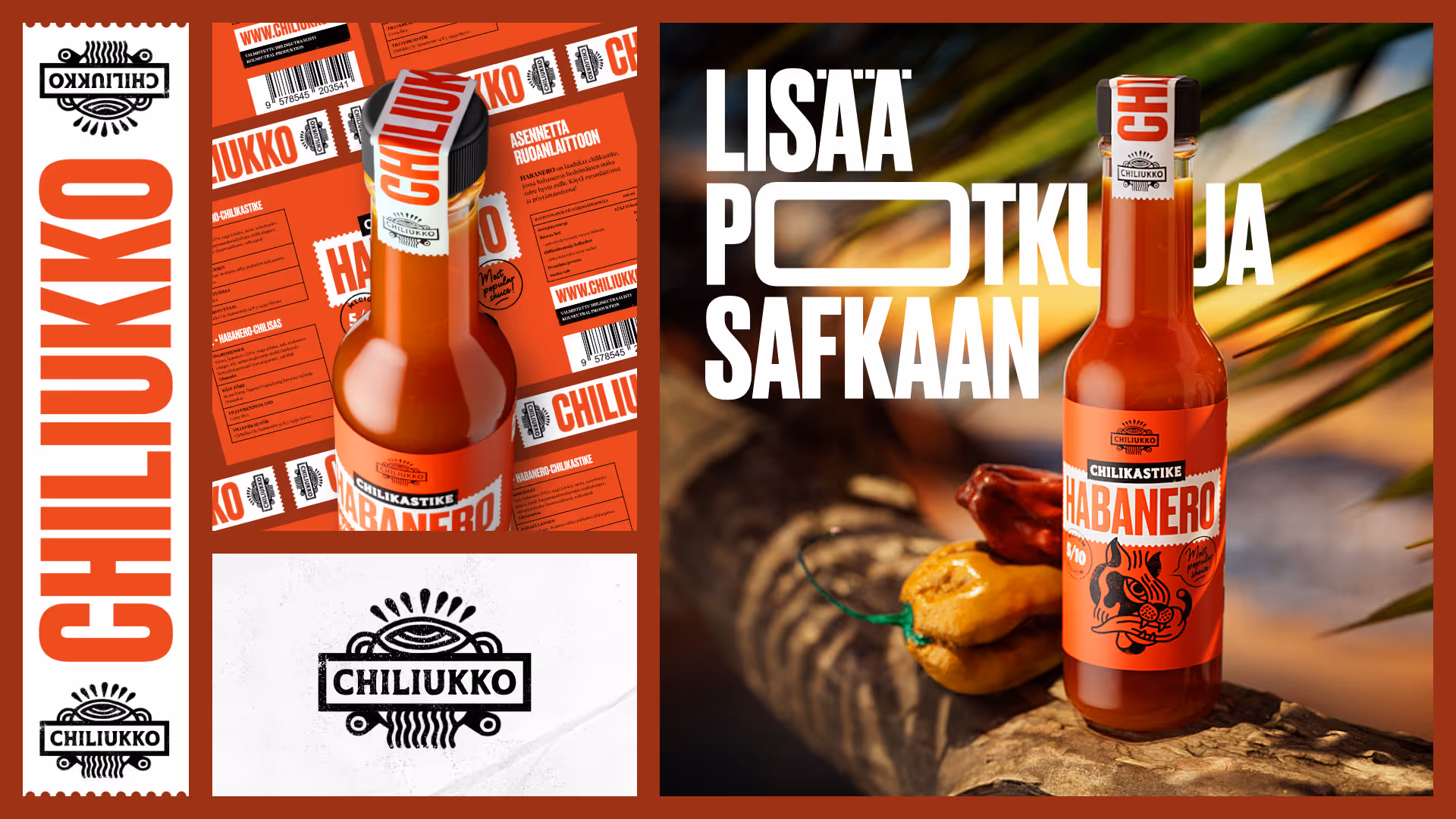Chiliukko-habanero-chilikastikepullo puunrungolla, taustalla habanero-chiliä ja teksti Lisää potkua safkaan.