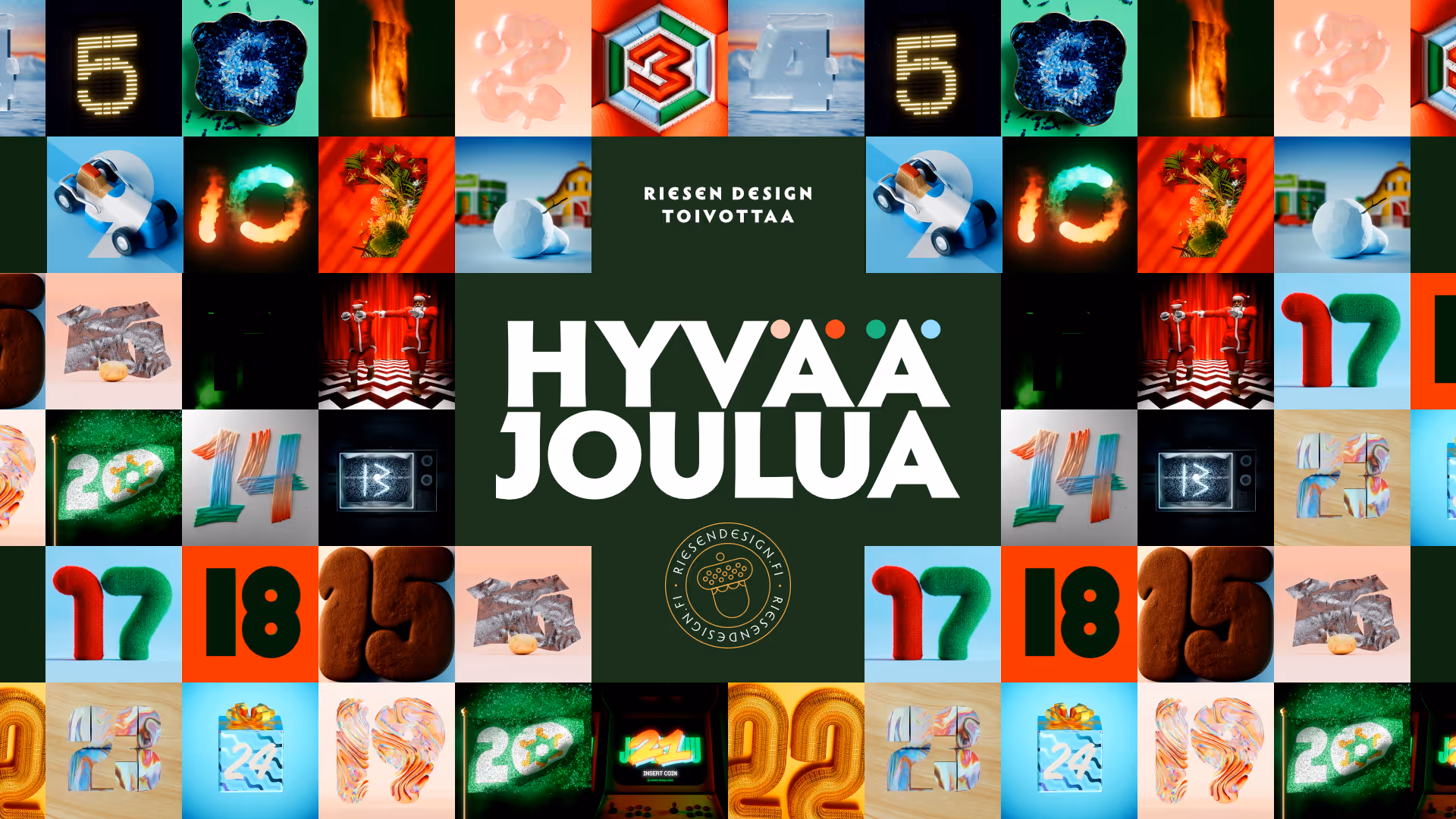 Joulukalenteri, jossa värikkäitä numeroita ja teksti 'Riesen Design toivottaa Hyvää Joulua' keskellä.