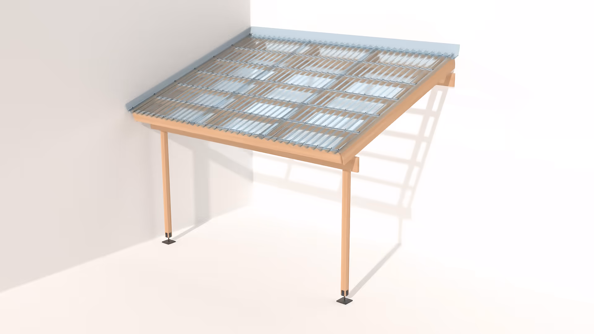 Puinen terassirakenteinen pergola, jonka katto on valmistettu läpikuultavasta materiaalista metallikehyksessä.