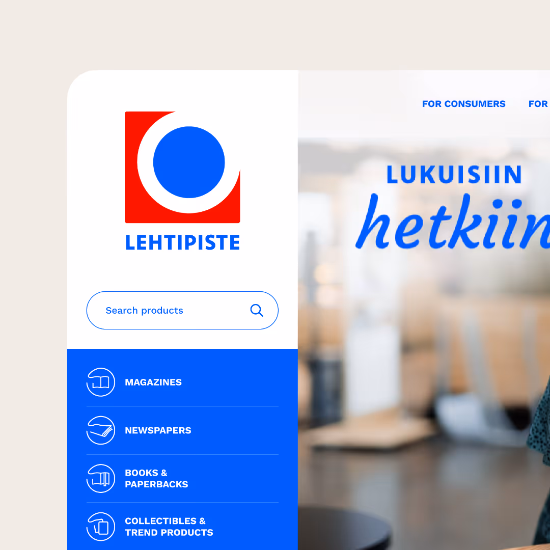 Lehtipiste logo with a blue circle inside a red square and menu options including magazines, newspapers, books & paperbacks, and collectibles & trend products.