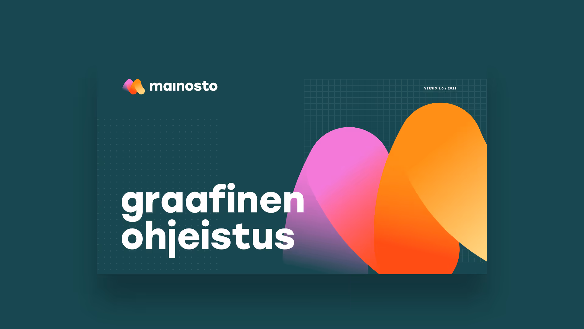 Mainoston graafisen ohjeistuksen kansi, jossa on oranssin ja violetin värisiä muotoja tummalla taustalla.