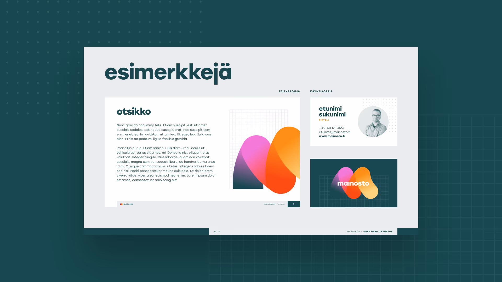 Näyttökuva esityspohjasta, jossa otsikko, tekstiä, kuvio, käyntikortti ja värikäs Mainosto-logo.