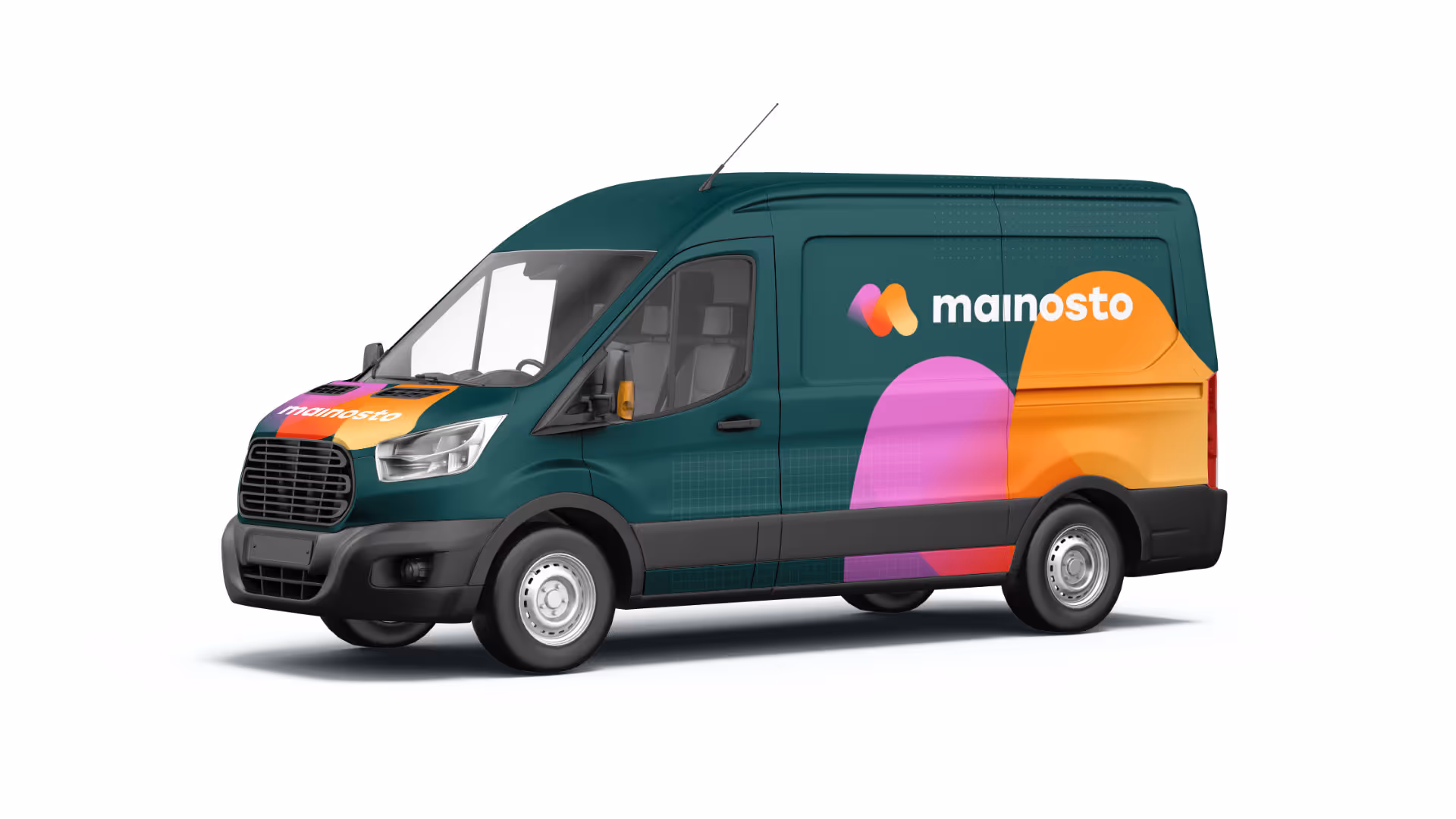 Vihreä pakettiauto, jossa oranssi ja violetti mainosto-logo sivulla ja konepellillä.