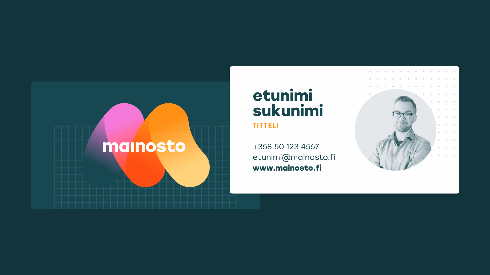Mainostoimiston käyntikortti, jossa on värikäs logo vasemmalla ja henkilötiedot oikealla, mukaan lukien nimi, titteli, puhelinnumero, sähköposti ja verkkosivusto.