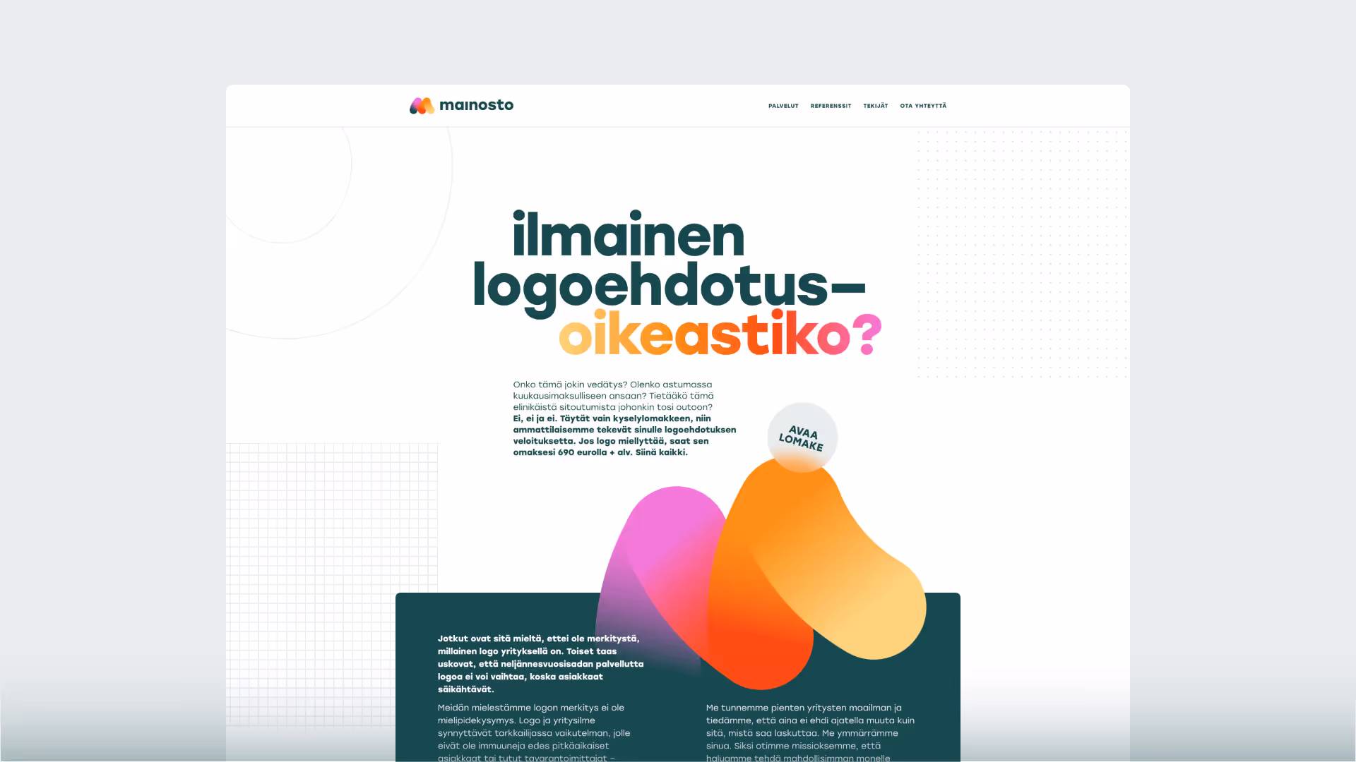Verkkosivun mainos, jossa iso teksti ilmaisee tarjouksen ilmaisesta logoehdotuksesta, värikkäät kaarevat muodot ja painike 'avaa lomake'.