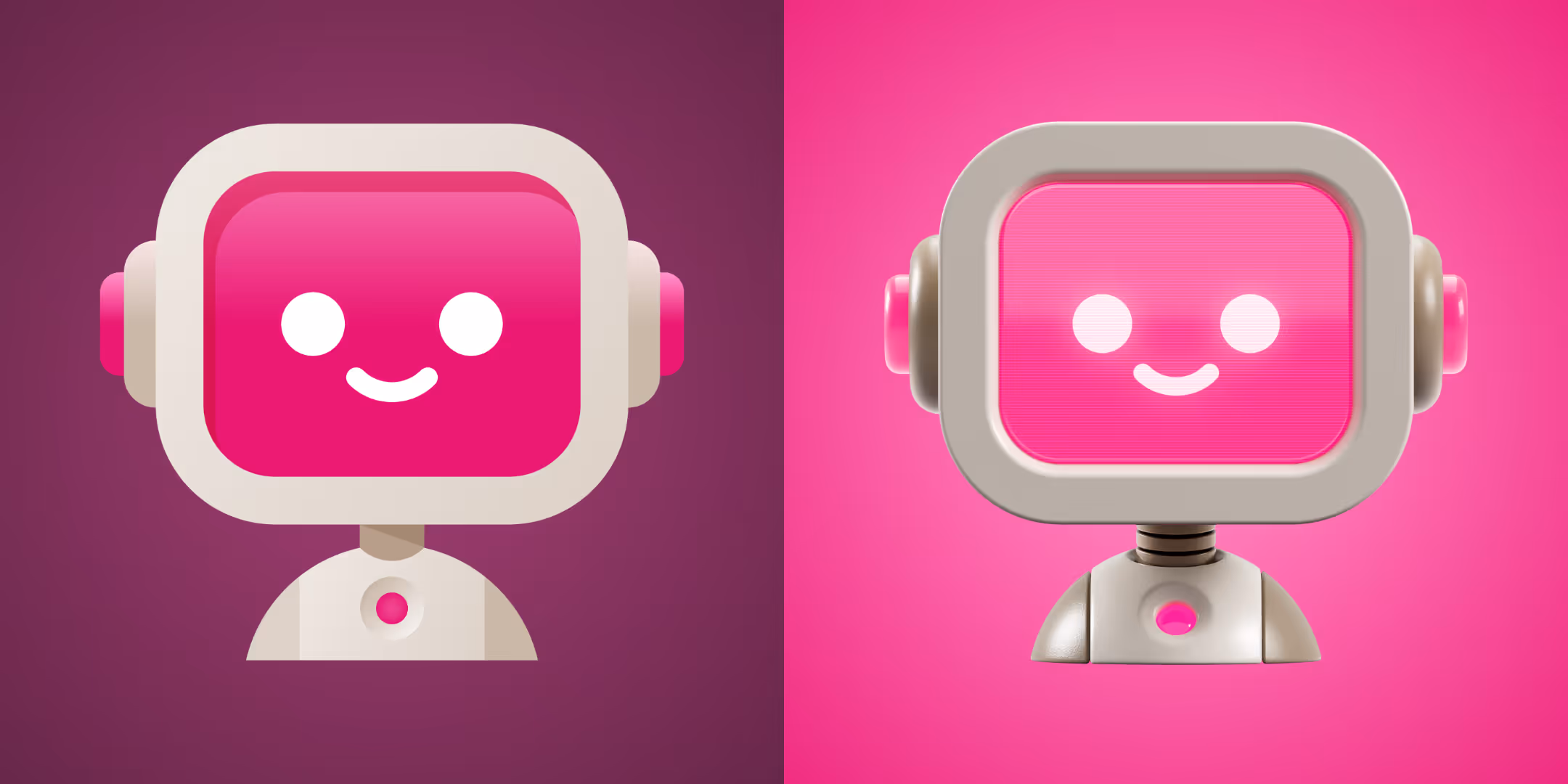 Kaksi hymyilevää pinkin kasvojen robottia, vasemmalla graafinen ja oikealla 3D-mallinen, molemmilla tumman ja kirkkaan pinkit taustat.