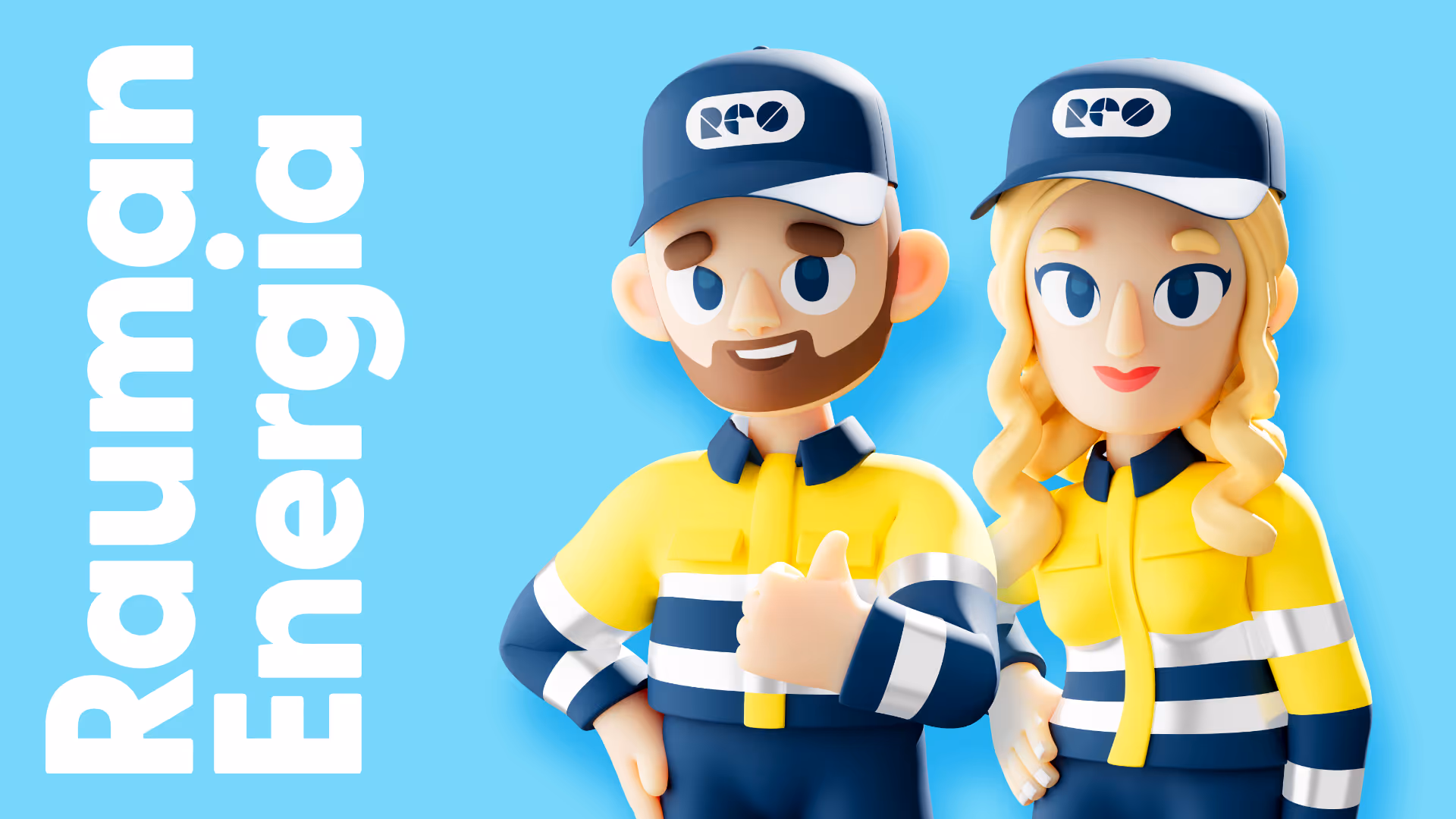 Kaksi hahmoa sinisissä ja keltaisissa työvaatteissa ja lippiksissä, taustalla teksti Rauman Energia.