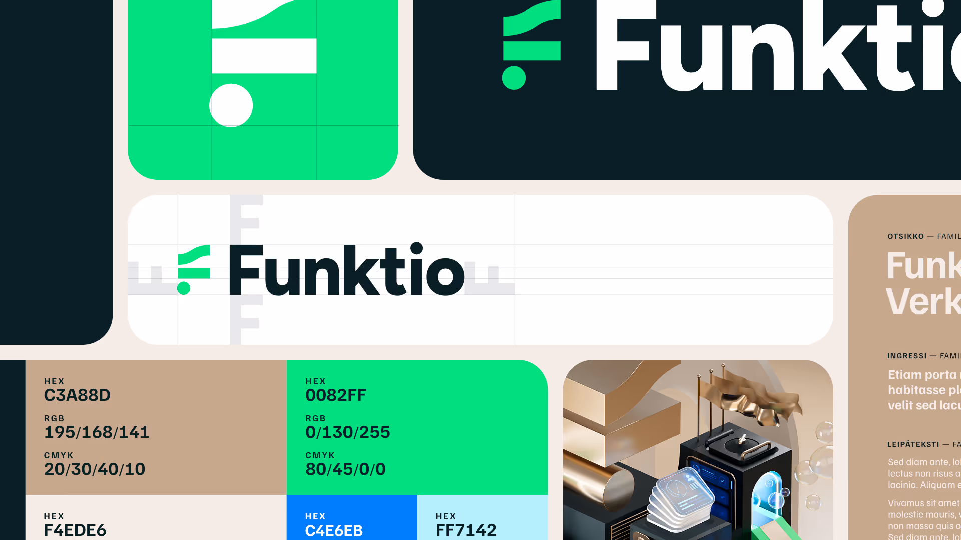 Funktio-logo vihreällä ja mustalla, väripaletti HEX ja RGB -koodeineen sekä abstrakti kultainen 3D-kuvake.