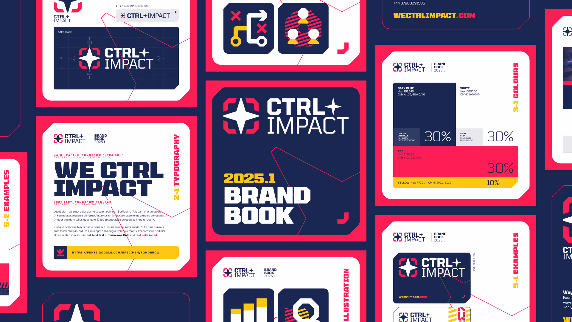 CTRL+IMPACT -brändikirjan kansi vuodelle 2025.1, väri- ja typografiamallit sekä esimerkkejä visuaalisista identiteeteistä tummansinisellä, punaisella, valkoisella ja keltaisella taustalla.