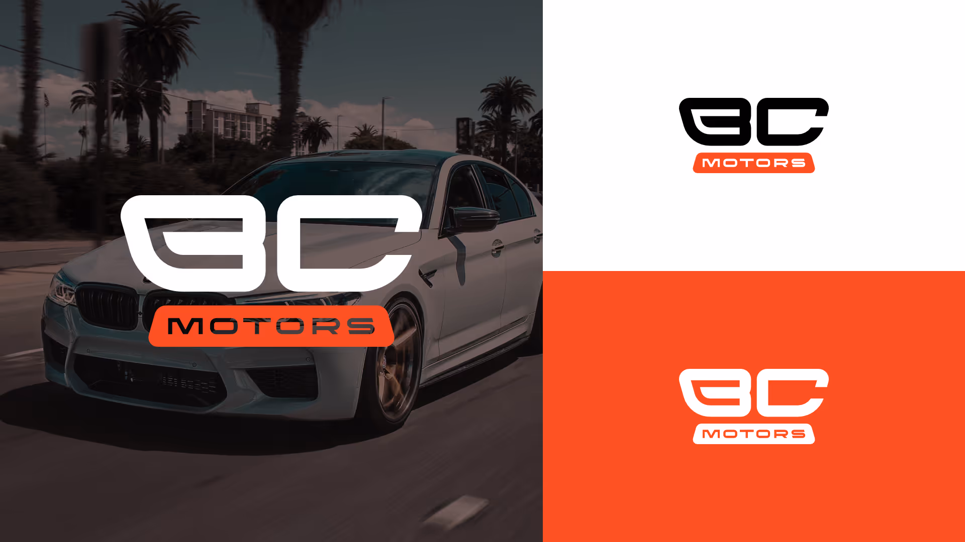Valkoinen urheiluauto ajamassa katua pitkin, vasemmalla iso BC Motors -logo, oikealla kaksi variaatiota samasta logosta valkoisella ja punaisella taustalla.