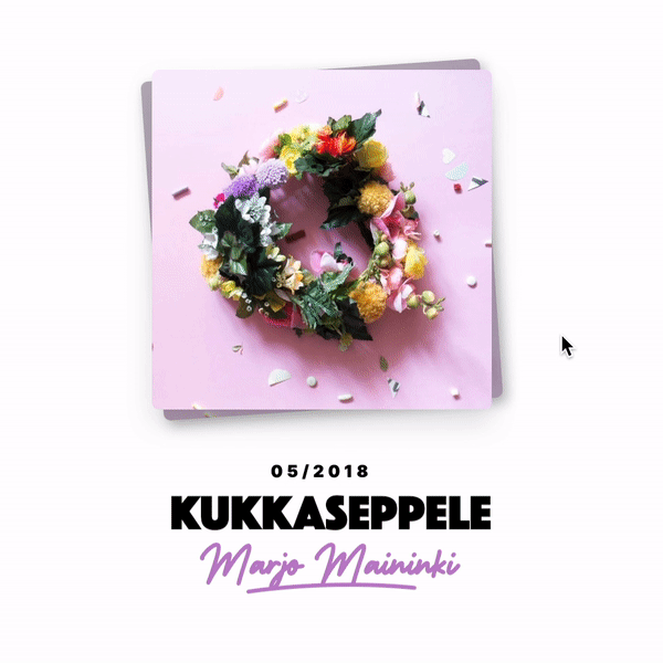 Värikäs kukkaseppele vaaleanpunaisella taustalla ja teksti '05/2018 KUKKASEPPELE Marjo Maininki'.