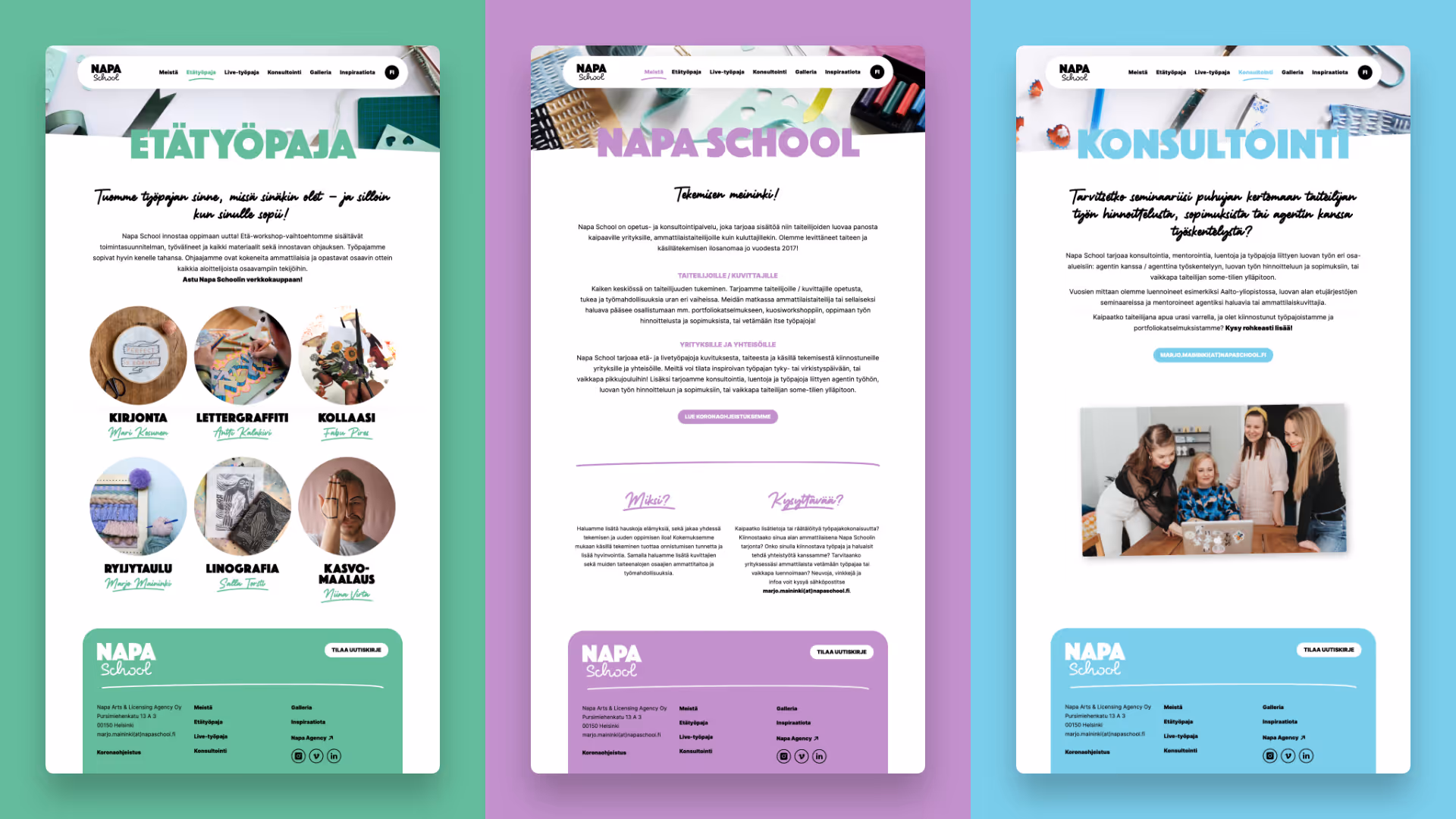 Kolme NAPA Schoolin verkkosivun osaa: etätyöpaja, Napa School -opetus ja konsultointi, kukin omalla taustavärillään ja sisältöineen.