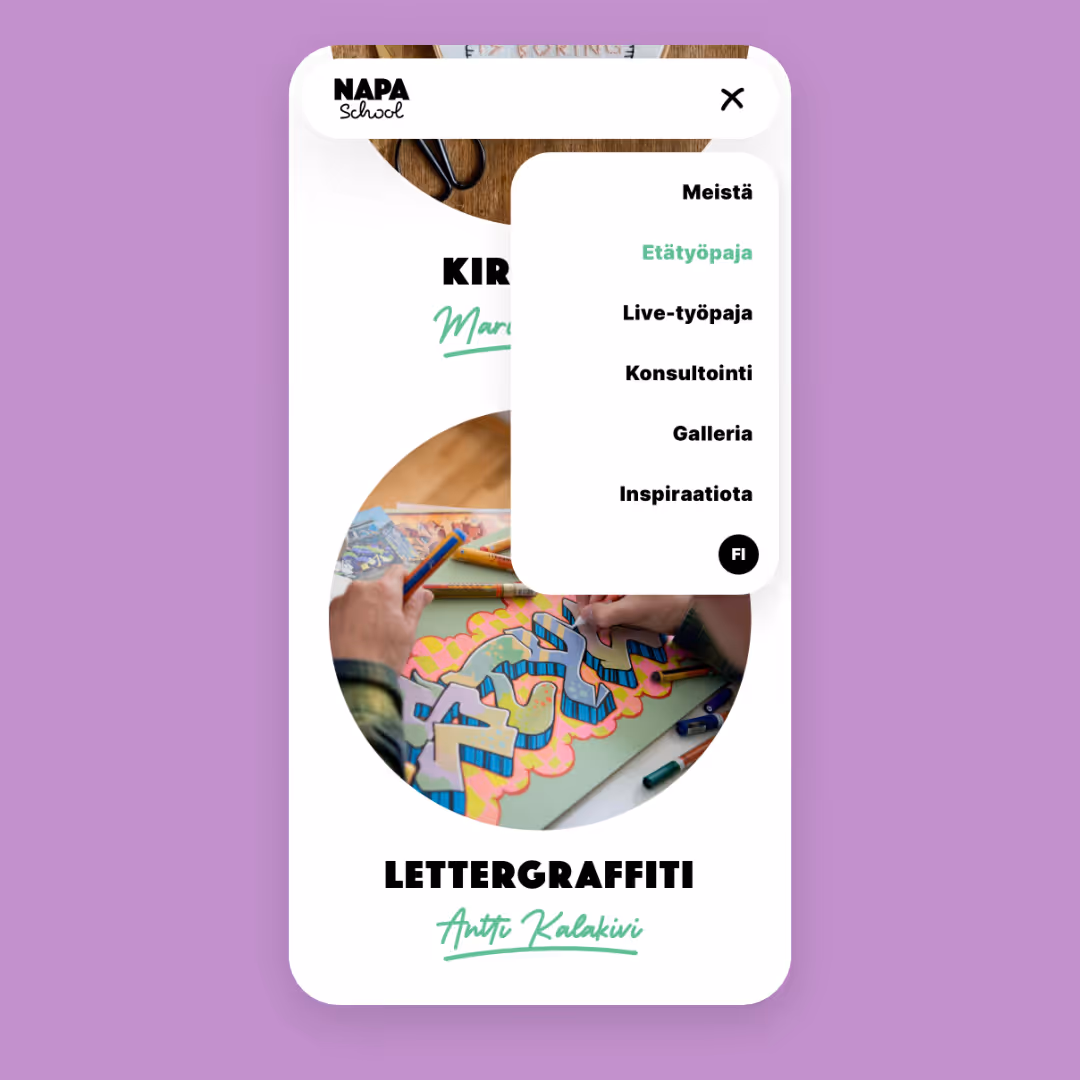 NAPA School -sivun mobiilinäkymä, jossa näkyy kirjaimista tehtävää graffitia maalattavana ja valikko, jossa vaihtoehtoina Meistä, Etätyöpaja, Live-työpaja, Konsultointi, Galleria ja Inspiraatiota.