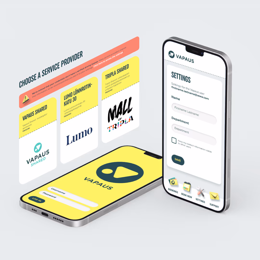 Vapaus-mobiilisovellus, jossa valitaan palveluntarjoaja, kirjautumissivu ja asetukset-näyttö.