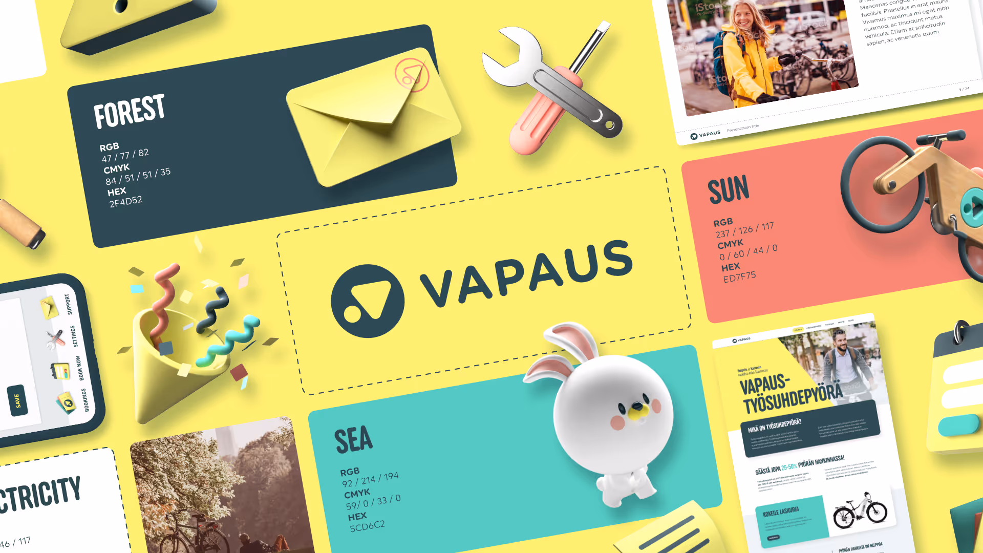 Vapaus-logo keltaisella taustalla, värimallit nimillä Forest, Sun ja Sea, mukana työkaluja, kirjekuori ja piirros pupusta.
