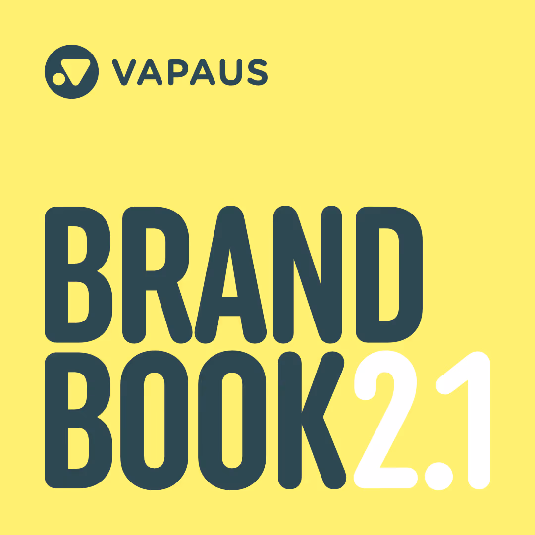 Vapaus-logo ja teksti Brand Book 2.1 keltaisella taustalla.