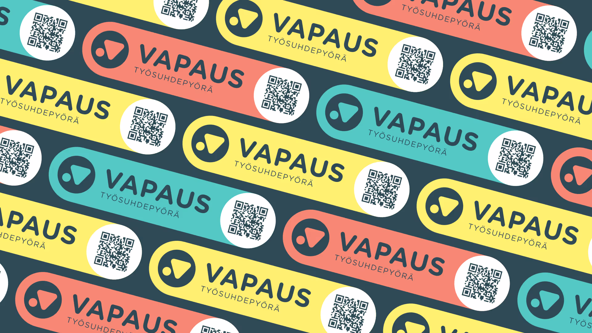 Kuvio, jossa toistuu värikkäitä tarranauhoja, joissa teksti "VAPAUS TYÖSUHDEPYÖRÄ" ja QR-koodeja.