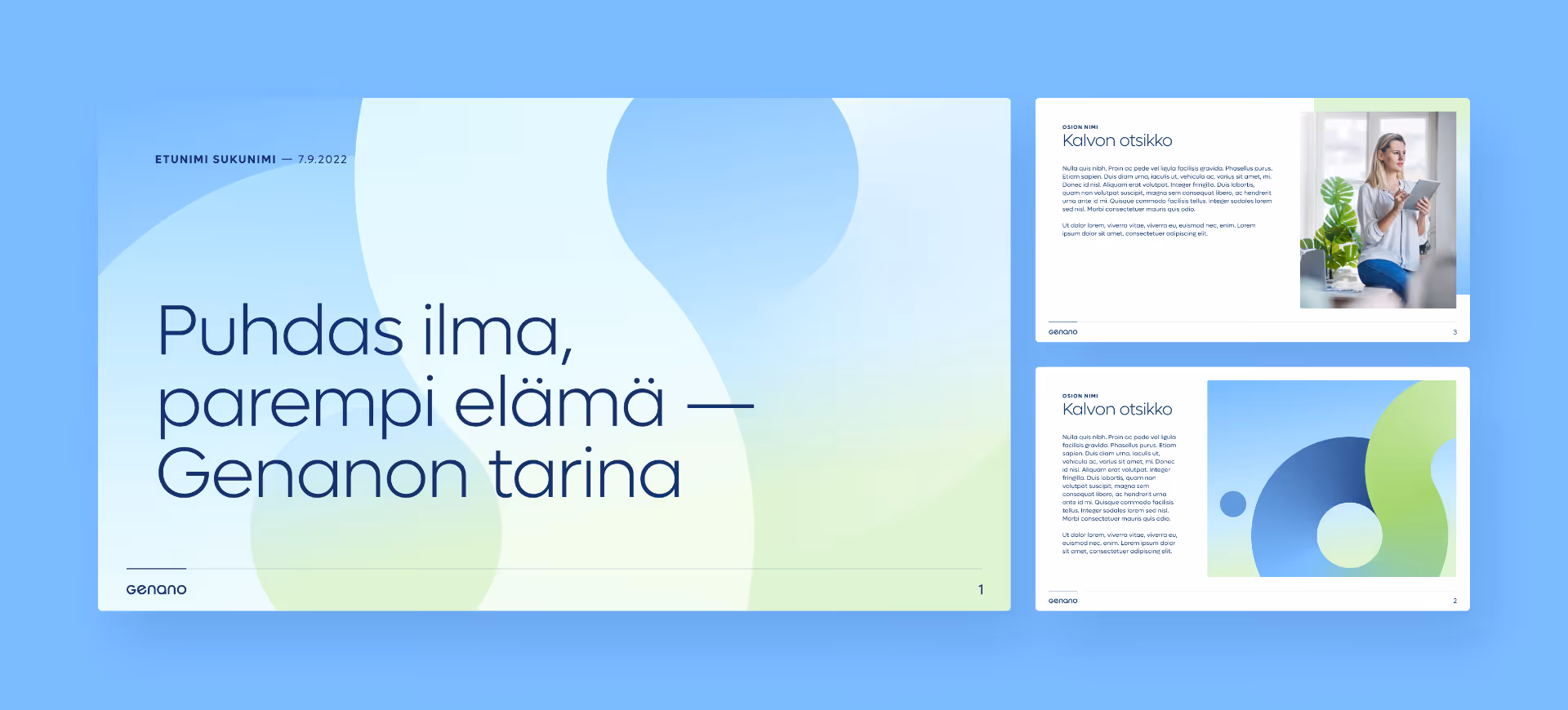 Esitys dia, jossa vasemmalla teksti Puhdas ilma, parempi elämä – Genanon tarina ja oikealla kaksi diaa, joista ylhäällä kuva naisesta toimistossa ja alla graafinen sinivihreä kuvio.