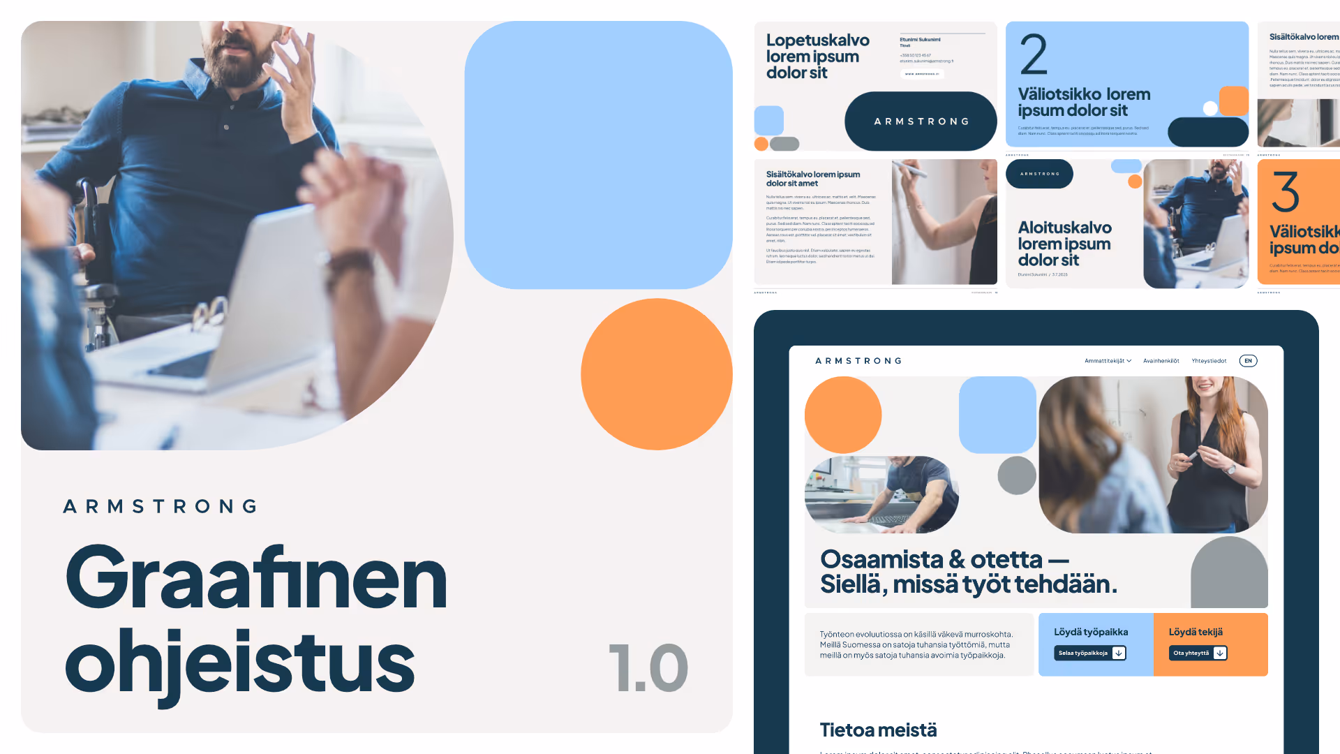 Kuvakollaasi, jossa ihmiset työskentelevät toimistossa ja teksti 'Graafinen ohjeistus' painettuna.