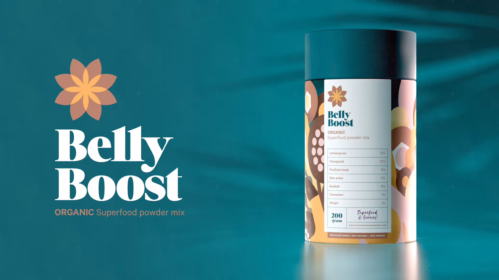 Belly Boost - luomuperäinen superruokajauhe, jossa on sitruunaruohoa, fenkolinsiementä ja muita ainesosia, purkki kuvattuna sinisellä taustalla.