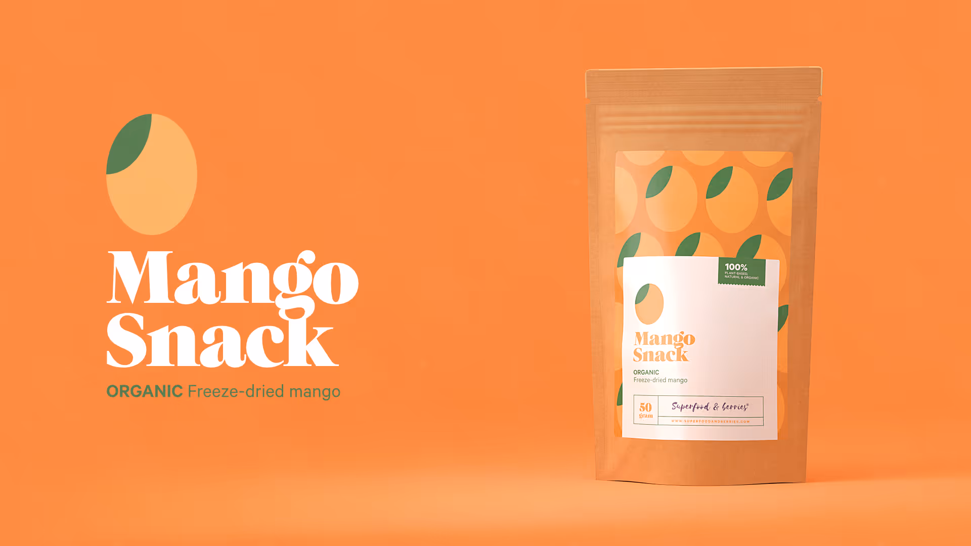 Luomu Mango Snack -kuivattuja mangoherkkuja uudessa oranssissa pakkauksessa, jossa on mango-kuvioita.
