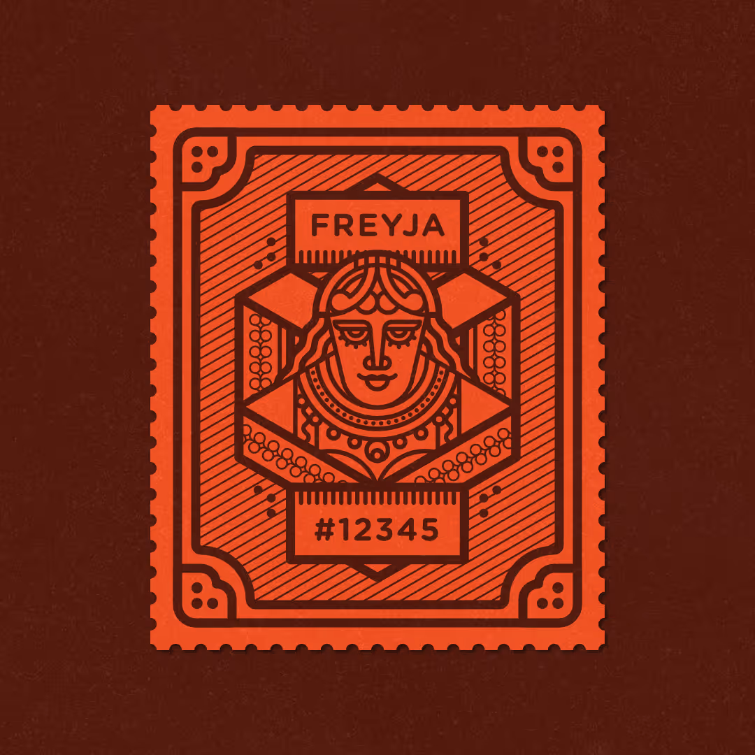 Oranssi merkki, jossa on koristeellinen kuva naisesta ja tekstit FREYJA ja #12345.