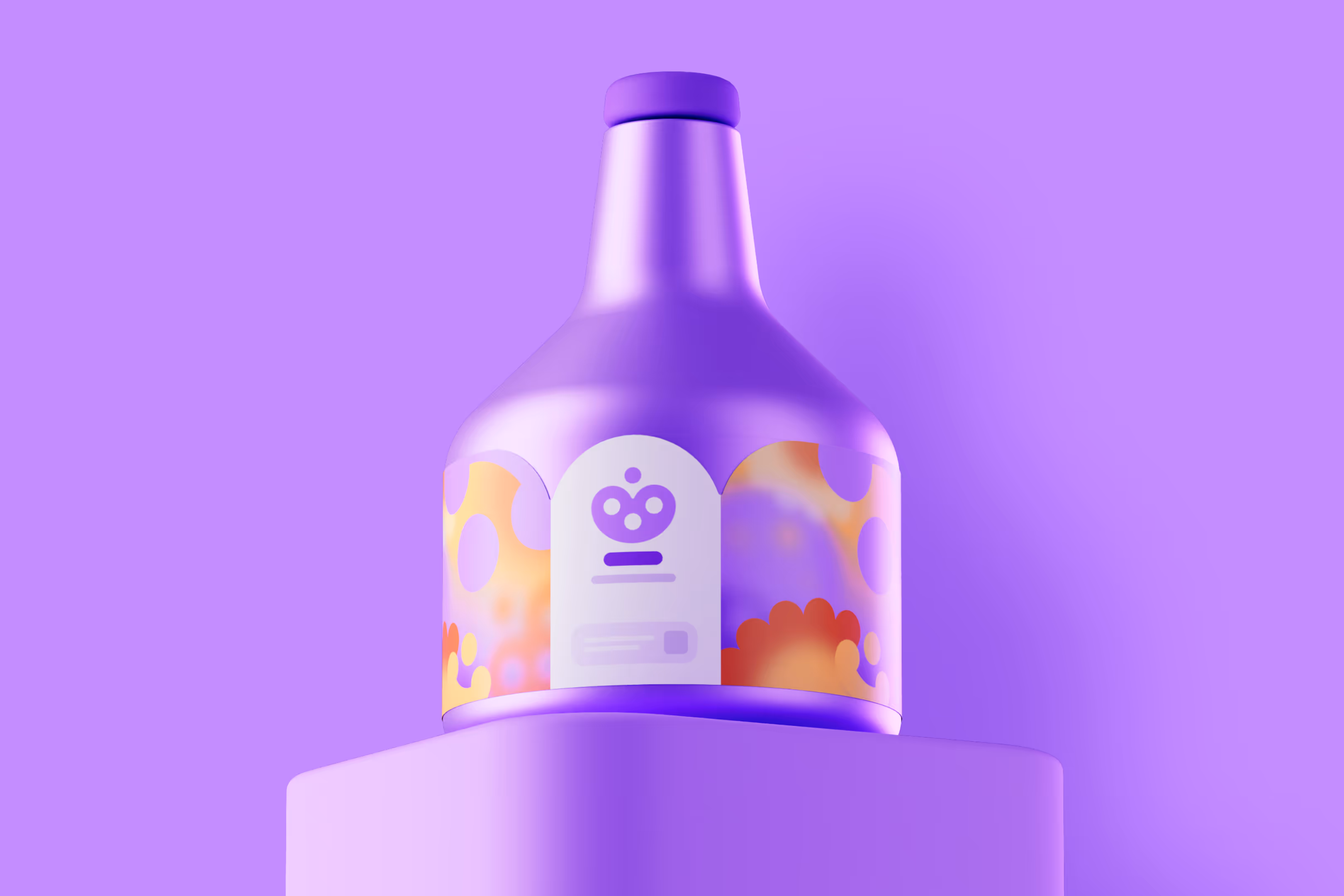 Violetti pullo, jossa on oranssin ja keltaisen sävyinen koristeellinen etiketti ja kansi.